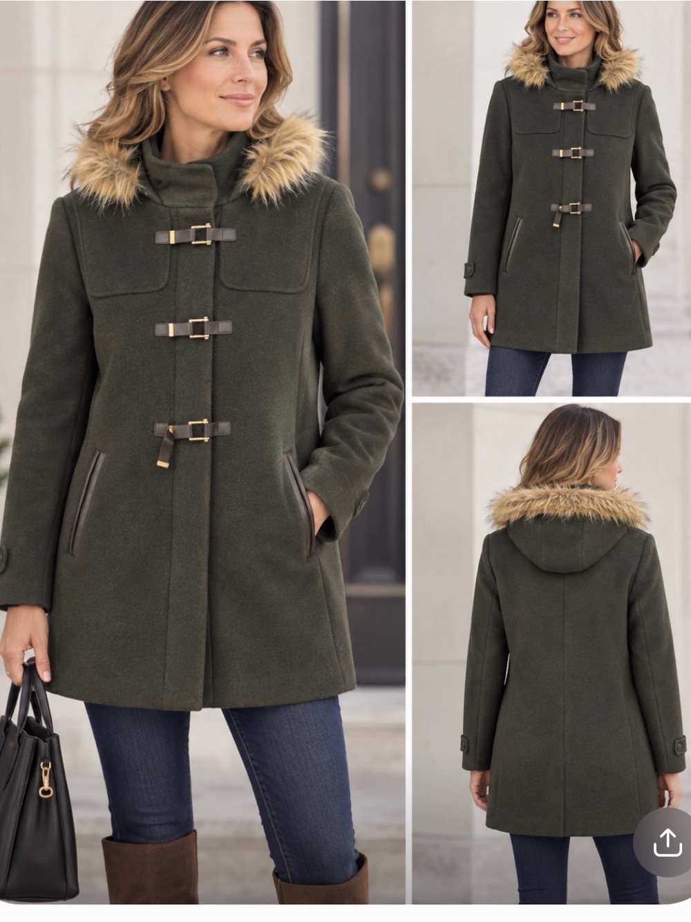 Worn maybe once- Cole Haan Dark Green size 12 Toggle Jacket with Faux Fur Collar
